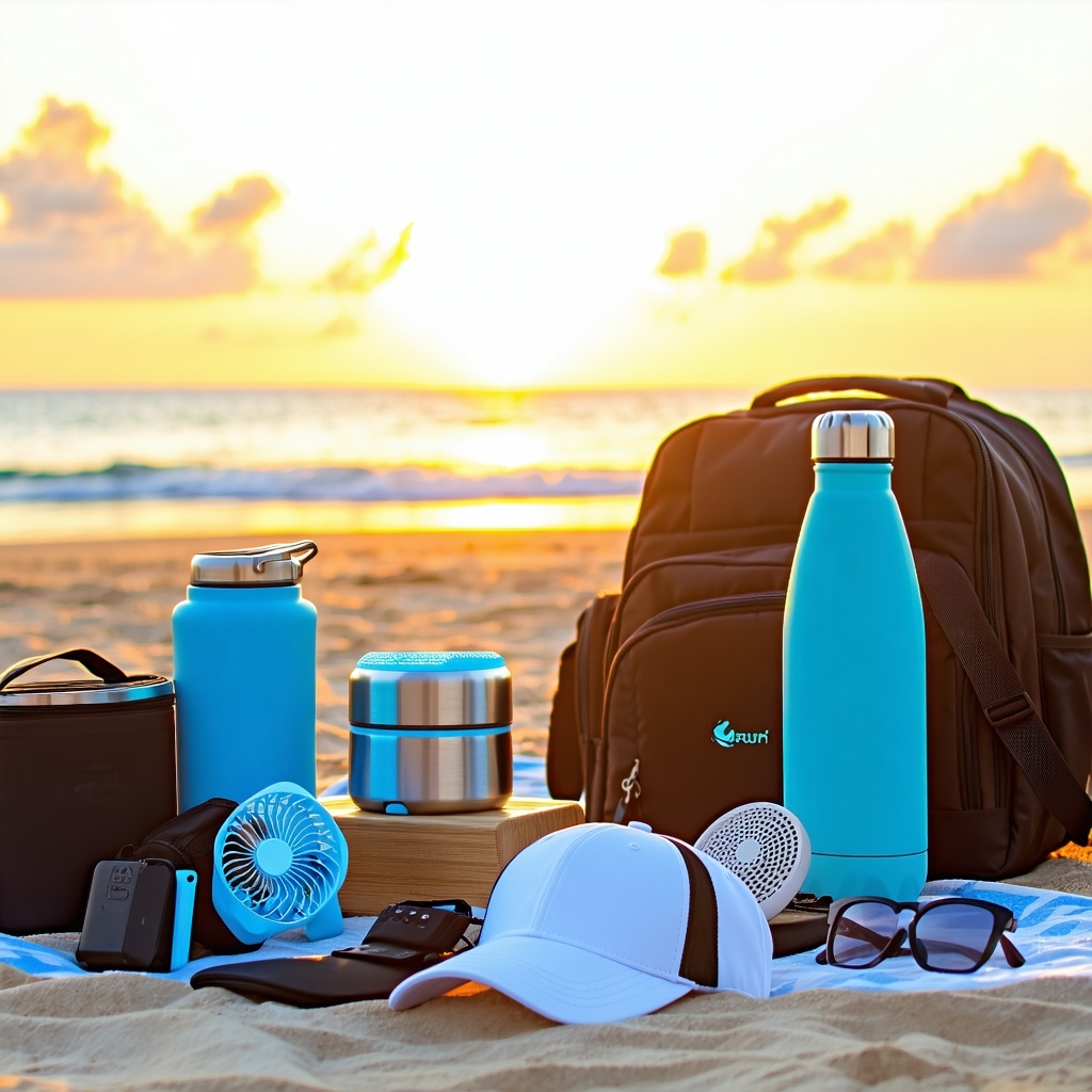 A summer scene of branded promotional products such as stainless steel water bottles battery operated water proof speakers handheld fans backpacks hats and coolers on a towel on a beach highlighted by the setting sun-1