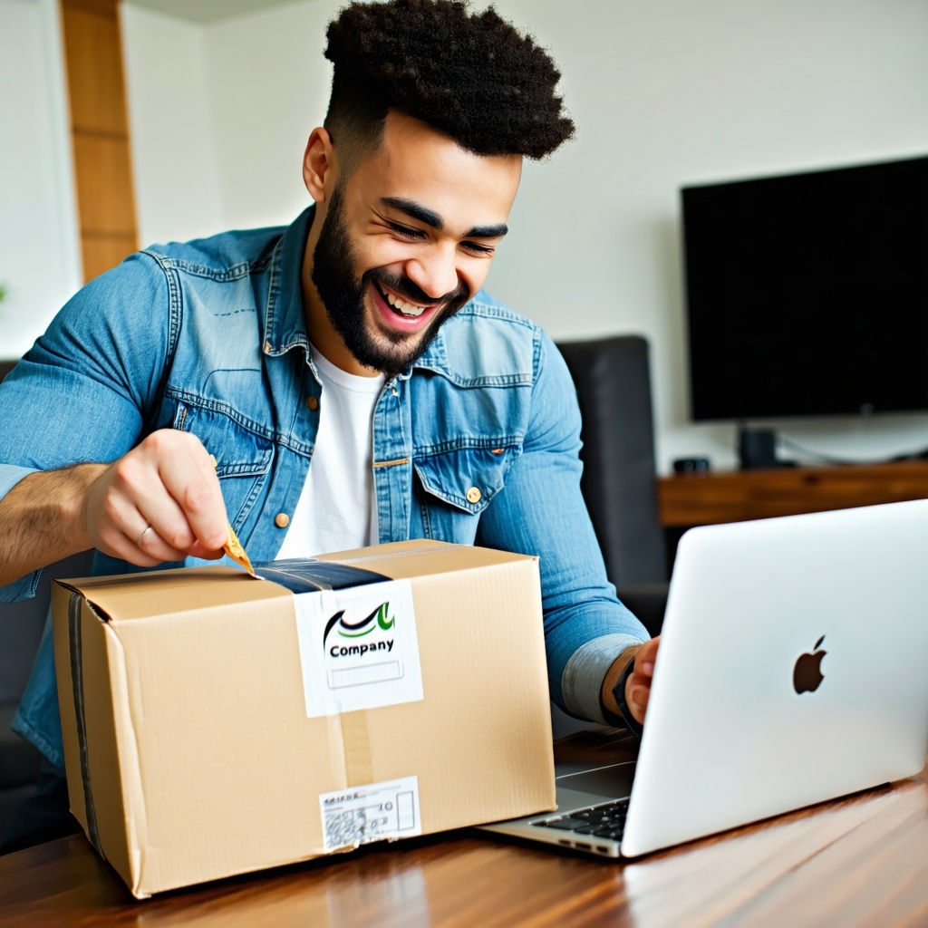 An employee happily opens a package in their living room with a laptop open on a coffee table beside them The logo of the company they work for is displayed on the package The scene captures the excitement of receiving a company branded product order-1