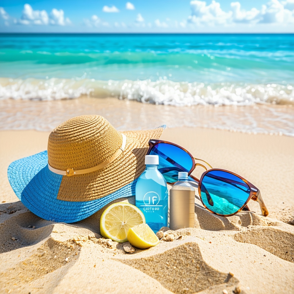 Summer branded with logos promotional products on a sandy beach