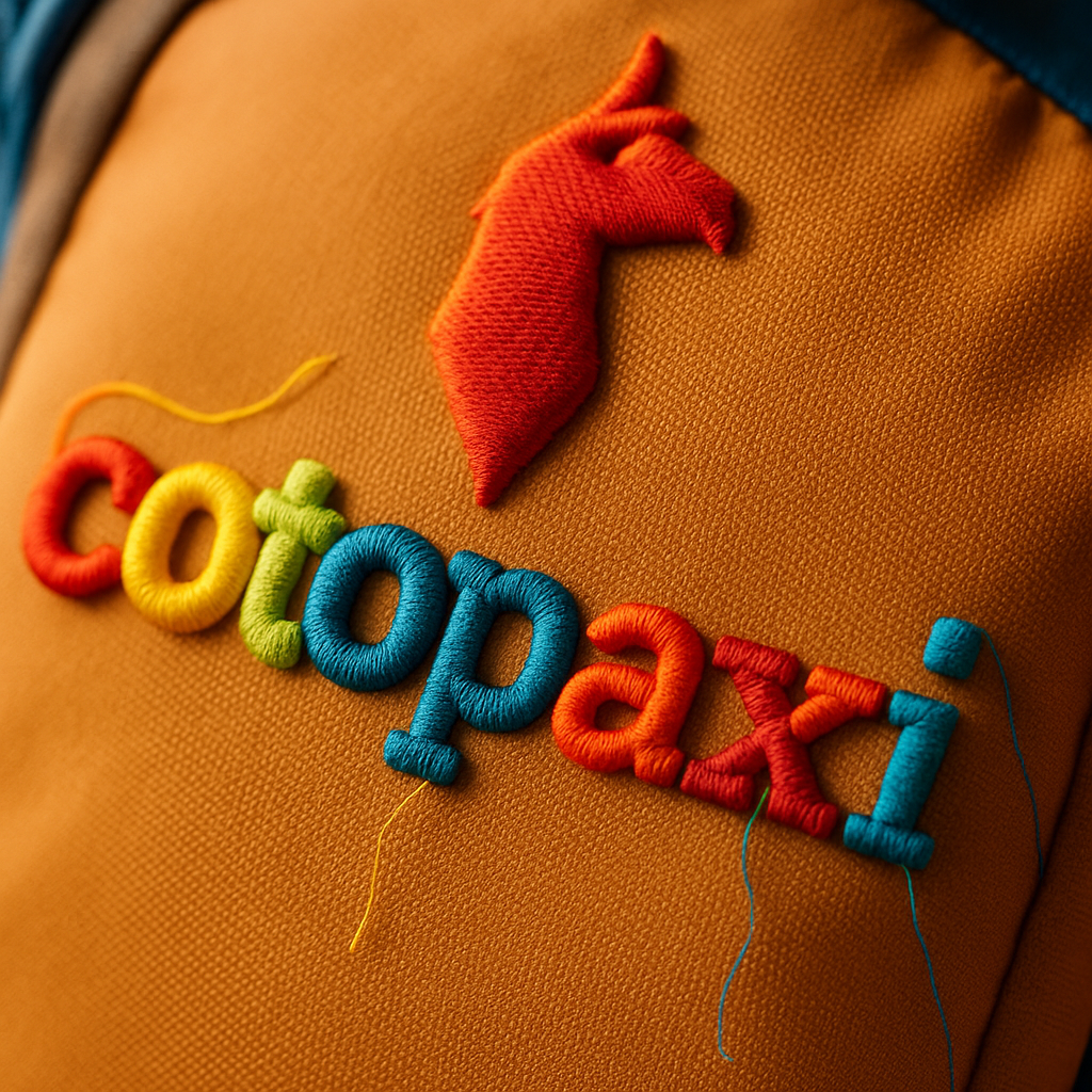 The image features a closeup of a colorful 3D puff embroidery design on a Cotopaxi backpack showcasing a vibrant logo with raised textures The logo crafted in bold letters is prominently displayed revealing the foam layer beneath the stitches that gi