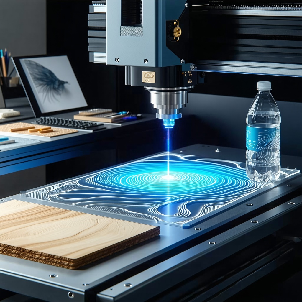 The image features a sleek modern workspace with a hightech laser engraving machine prominently displayed The machine made of polished metal and glass emits a vibrant blue laser beam that delicately carves intricate patterns onto a piece of wood show-1