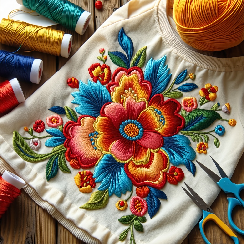 The image features a vibrant textured closeup of a 3D puff embroidery design on a garment The embroidery showcases a variety of colors with bold reds blues and yellows creating a dynamic pattern that pops against a soft neutral fabric background The-1